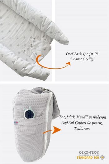 Jaju Baby Nest Gray Waffle Micky Patterned Portable Baby Crib