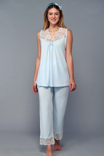 Stylish Lace Maternity Pajama Set in Blue
