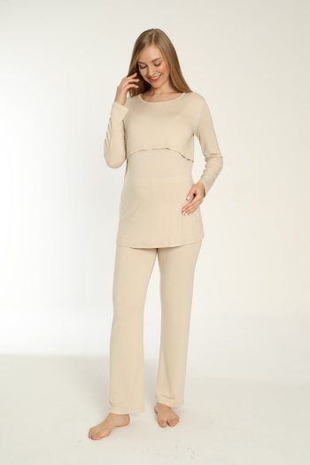 Miss Dünya Lissa Beige Nursing-Friendly Long Sleeve Maternity Pajama Set