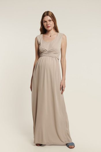 Lyn Mama Nicole Beige Nursing-Friendly Maternity Dress