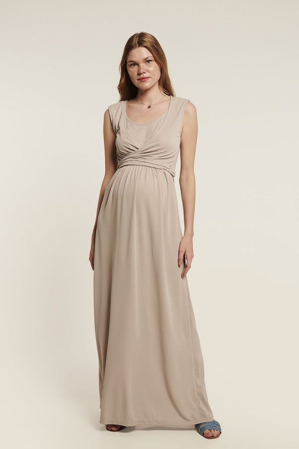 Lyn Mama Nicole Beige Nursing-Friendly Maternity Dress