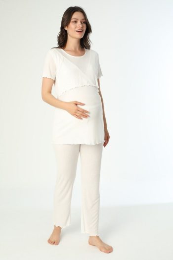 Miss World Lissa White Cotton Ribbed Knit Maternity and Nursing Pajama Set
