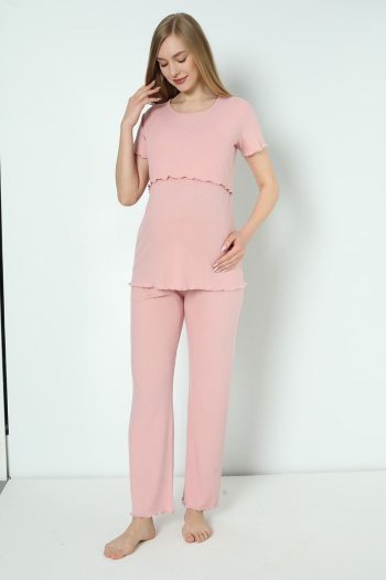 Miss Dünya Lissa Blush Cotton Ribbed Knit Maternity and Nursing Pajama Set