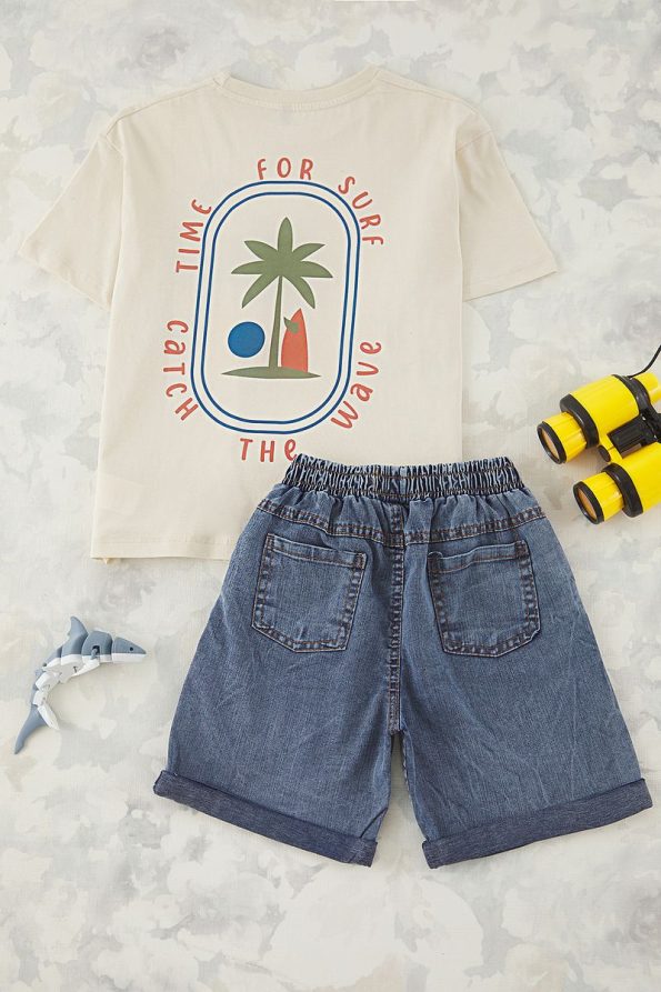 Trendyolmilla Kids Beige Boys 100% Cotton Printed T-Shirt and Shorts Set