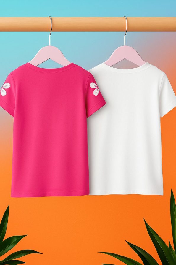 Trendyolmilla Kids Fuchsia-Ivory 2-Piece Girls' Cotton Floral Short Sleeve T-Shirt