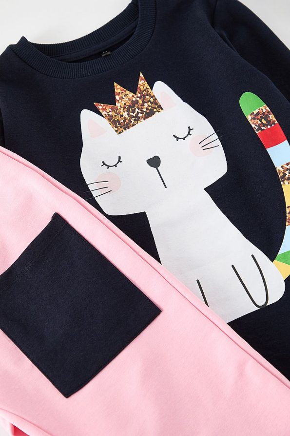 Trendyolmilla Kids Navy Blue Cotton Cat Print Sweatshirt Set