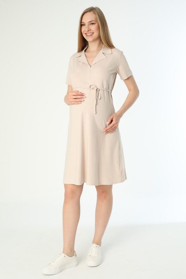 Miss Dünya Lissa Beige Comfortable Midi Maternity and Nursing Dress