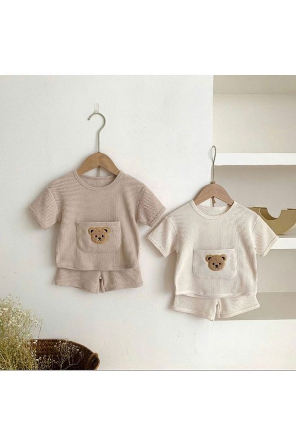 Bubito Bear Pocket Graphic Cotton Summer Baby Toddler Shorts Set - White