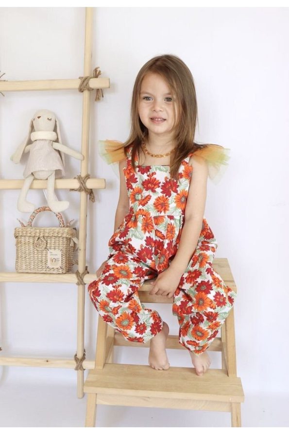 Le Petit Sole Sunflower Print Girls' Jumpsuit with Tulle Details