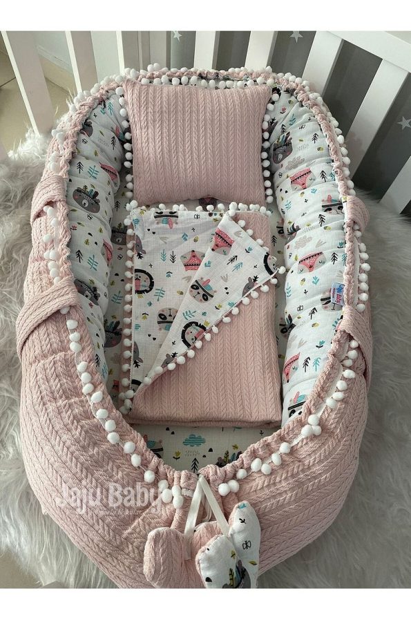 Jaju Baby Nest Blush Knitted Throw and Muslin Fabric with Pom Poms - Set of 3
