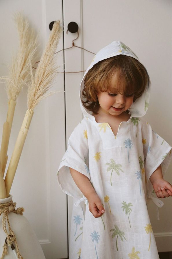 Tarkito Organic Palm Tree Hooded Organic Muslin Poncho 1-5 Years