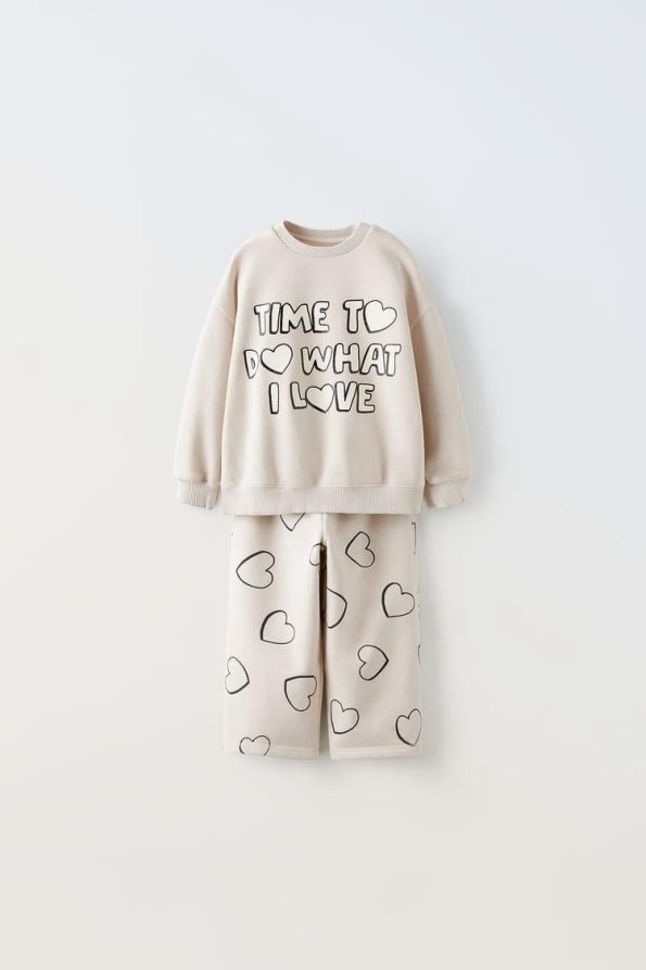 Girls' Cotton Ecru Heart Print Sweatshirt and Wide Leg Jogger Set