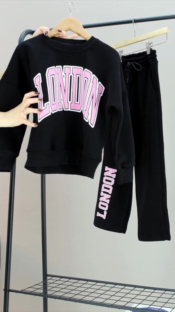 Cansın Mini Black London Print Fleece Girls' Tracksuit
