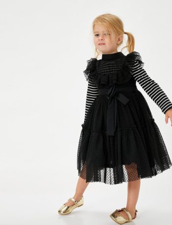 Girls' Tulle Dress with Shirt Collar and Button Details