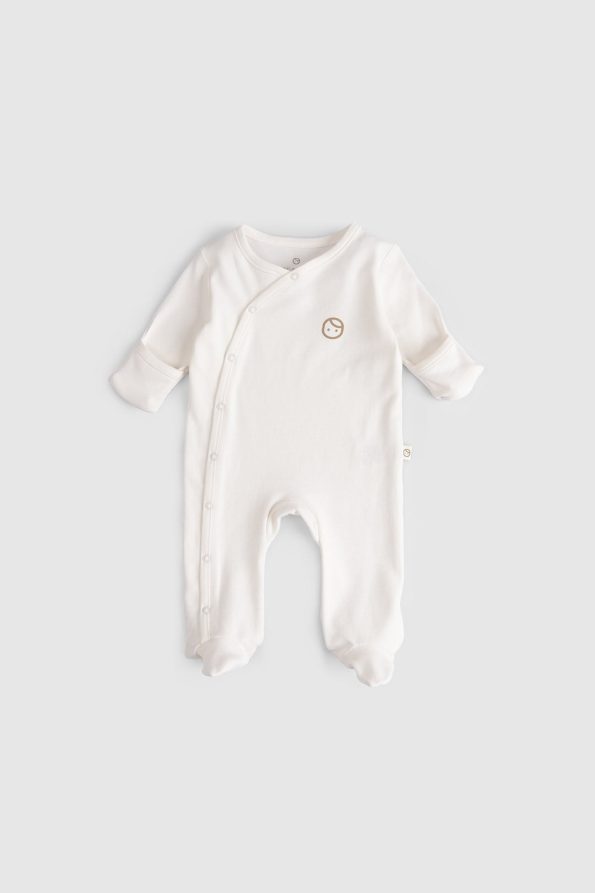 Self-Mitten Footed 2-Piece Organic Cotton Blue - Ecru Romper Set
