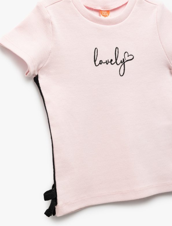 Girls' Cotton T-Shirt with Ribbed Details and Bow Accent