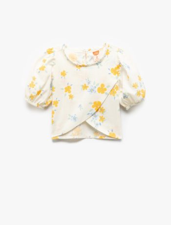 Girls' Floral Blouse with Asymmetric Cut and Balloon Sleeves