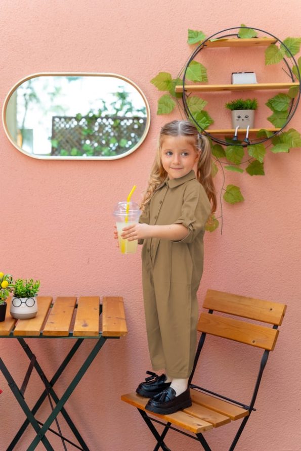 Collared Pleated Tencel Jumpsuit for Ages 2-7 in Camel