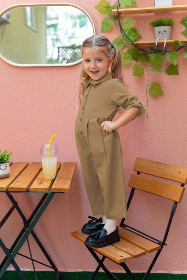 Collared Pleated Tencel Jumpsuit for Ages 2-7 in Camel
