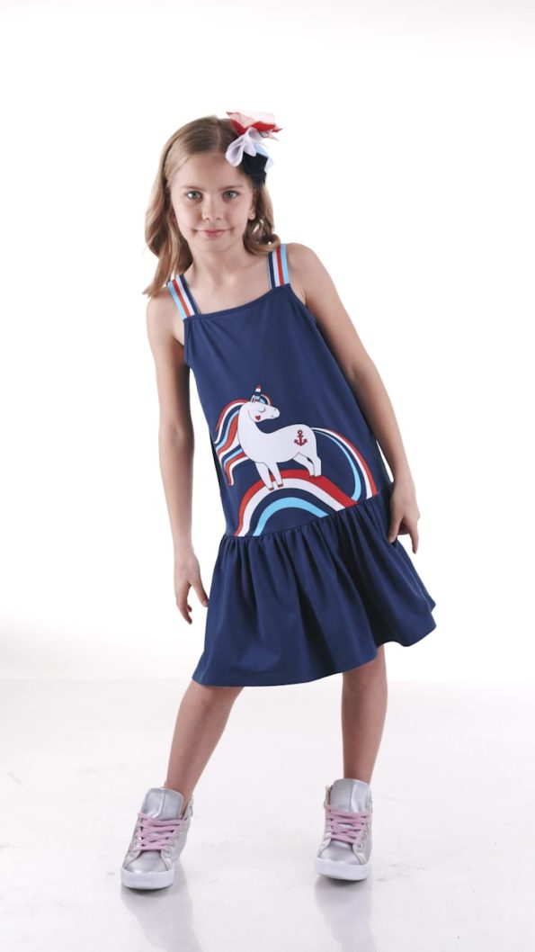 Denokids Sailor Unicorn Navy Blue Girls Dress