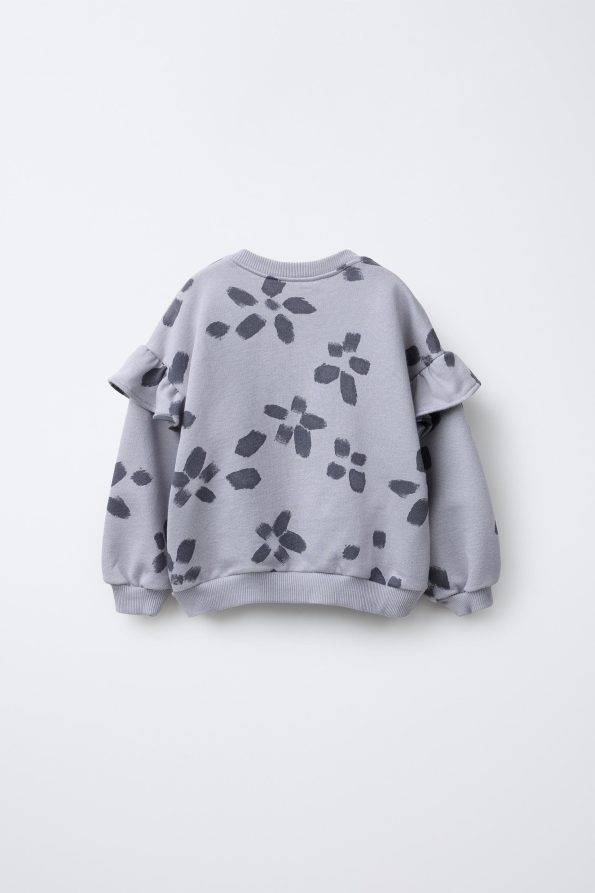 Girls' Cotton Grey Floral Sweatshirt and Leggings Set - Comfortable Fit with Ruffle Details