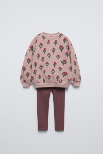 Girls' Cotton Pink Floral Patterned Sweatshirt and Leggings Set