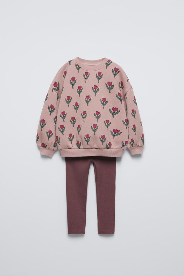 Girls' Cotton Pink Floral Patterned Sweatshirt and Leggings Set