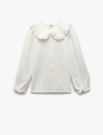 Girls' Ruffled Detail Button-Up Long Sleeve Peter Pan Collar Blouse
