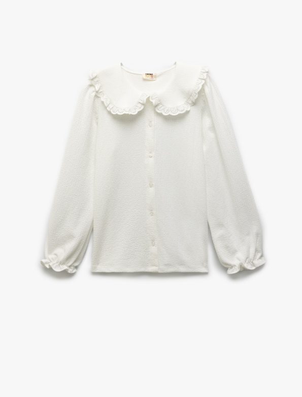 Girls' Ruffled Detail Button-Up Long Sleeve Peter Pan Collar Blouse