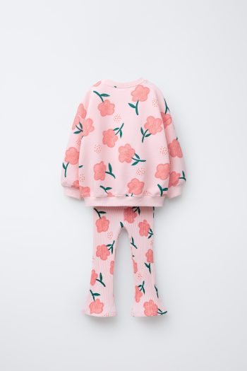 Girls' Cotton Pink Floral Sweatshirt and Flared Leggings Set