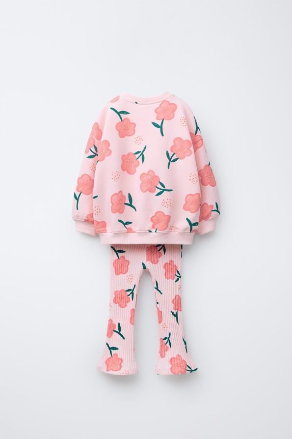 Girls' Cotton Pink Floral Sweatshirt and Flared Leggings Set