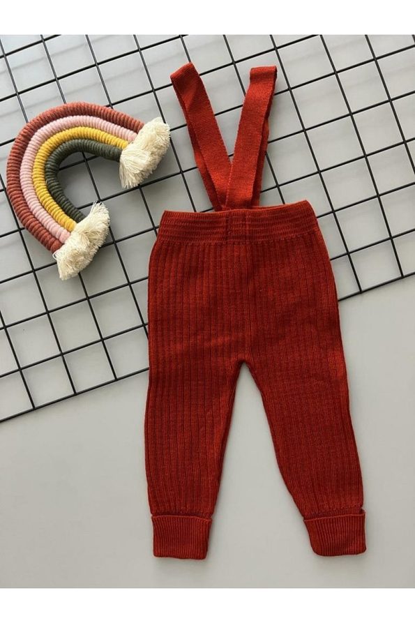Sparrow Laurel Beniz Kids High-Waist Adjustable Cross-Strap Ribbed Baby Leggings in Terracotta