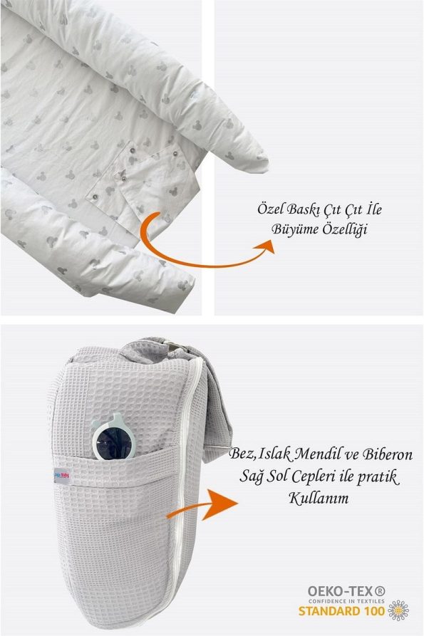Jaju Baby Nest Gray Waffle Micky Patterned Portable Baby Crib