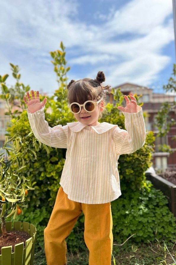 Blanie KIDS Baby Collar Raw Linen Girls Blouse and Pants Set