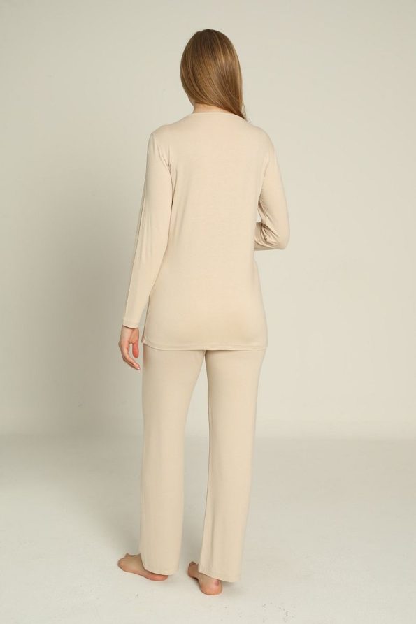 Miss Dünya Lissa Beige Nursing-Friendly Long Sleeve Maternity Pajama Set