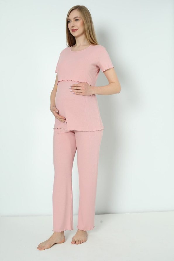 Miss Dünya Lissa Blush Cotton Ribbed Knit Maternity and Nursing Pajama Set