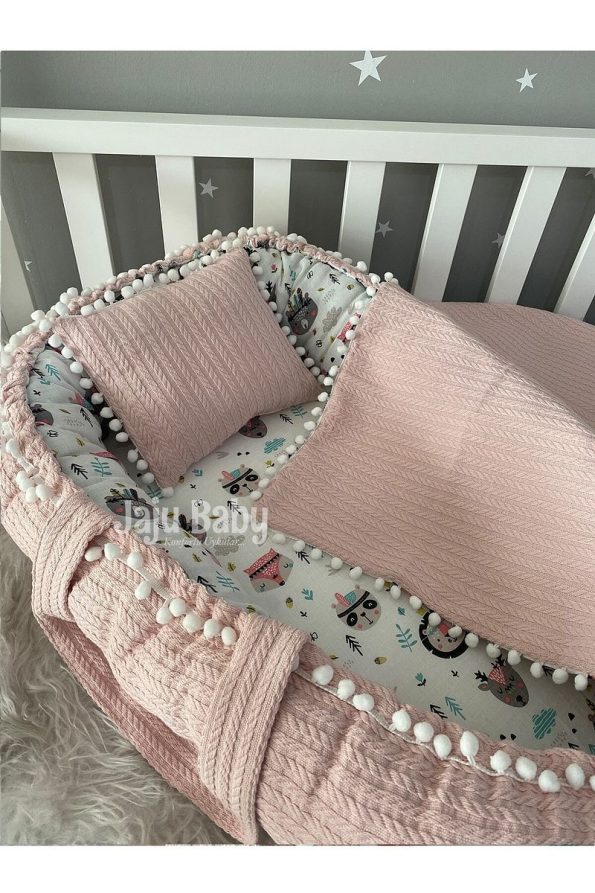 Jaju Baby Nest Blush Knitted Throw and Muslin Fabric with Pom Poms - Set of 3
