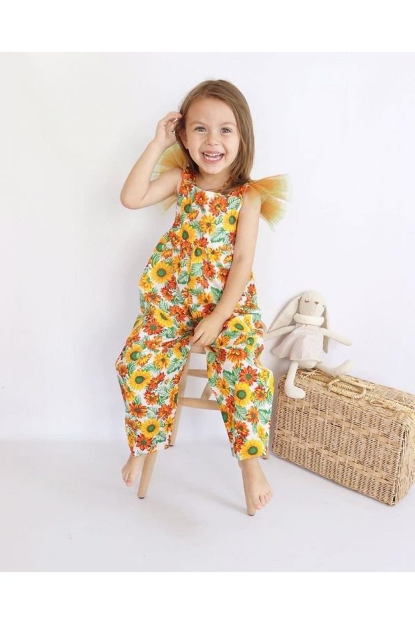 Le Petit Sole Sunflower Print Girls' Jumpsuit with Tulle Details