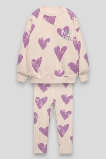 Girls' Cotton Lilac Heart Print Sweatshirt and Leggings Set - Paris Detail