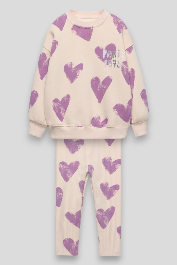 Girls' Cotton Lilac Heart Print Sweatshirt and Leggings Set - Paris Detail