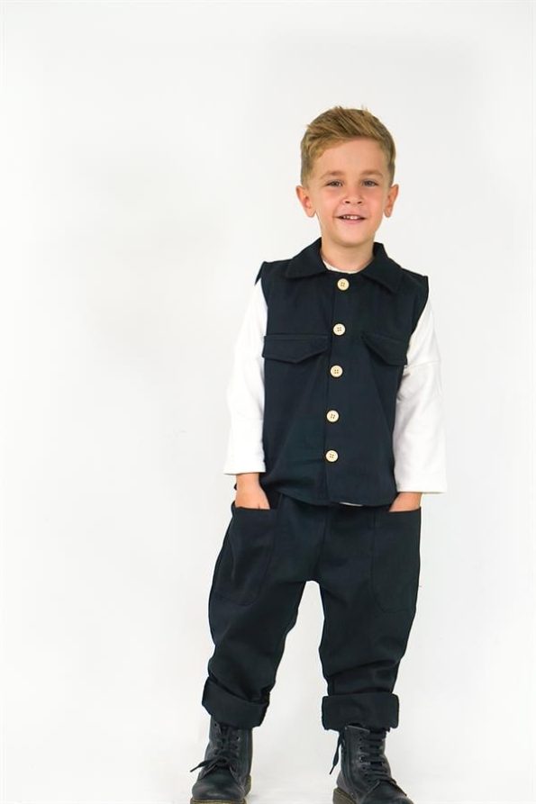 Black Gabardine Sports Vest and Boyfriend Pants Set