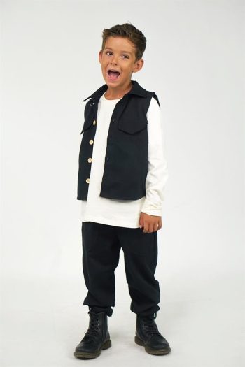 Black Gabardine Sports Vest and Boyfriend Pants Set