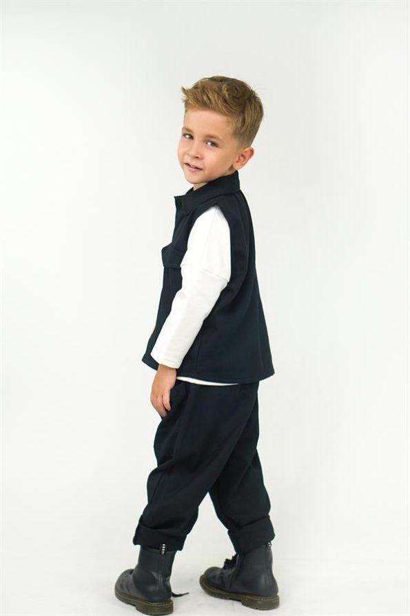 Black Gabardine Sports Vest and Boyfriend Pants Set