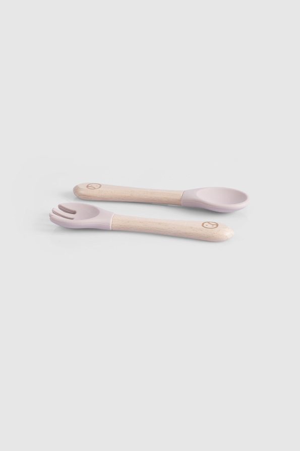 Pink Silicone Fork and Spoon Set with Bamboo Handle