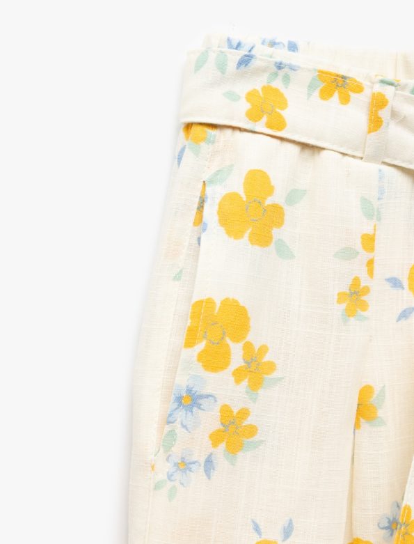Girls' Cotton Floral Print Wide Leg Trousers with Belt Detail