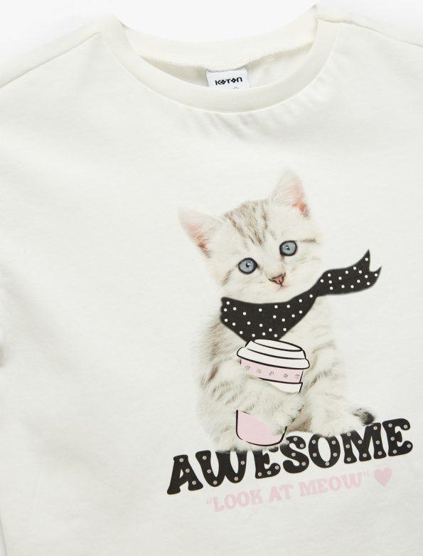 Girls' Cotton Cat Print Ruffled Short Sleeve T-Shirt
