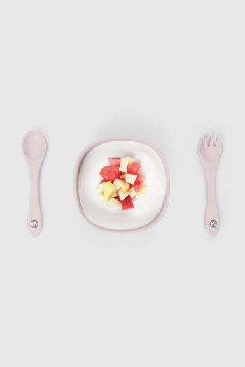 Silicone Vacuum Pink Feeding Plate and Fork Spoon Set