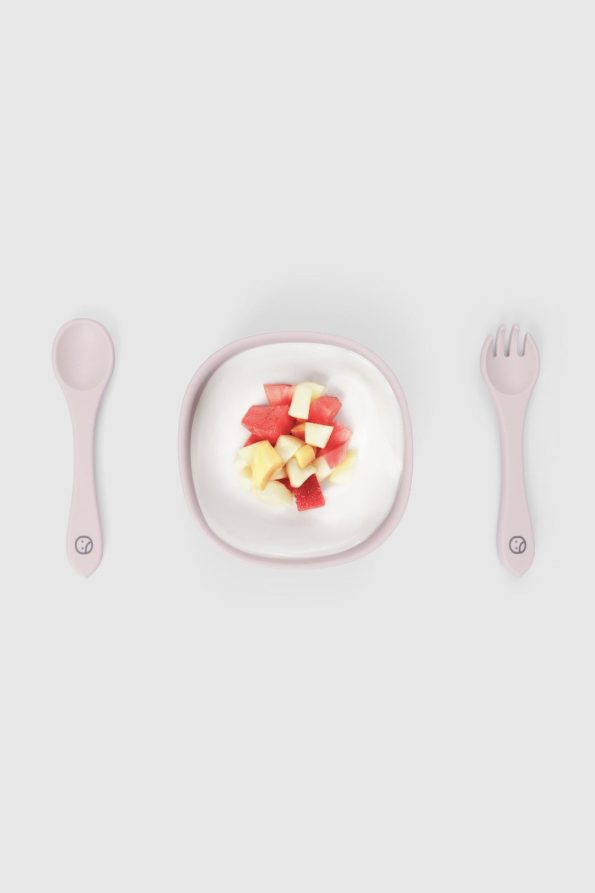 Silicone Vacuum Pink Feeding Plate and Fork Spoon Set