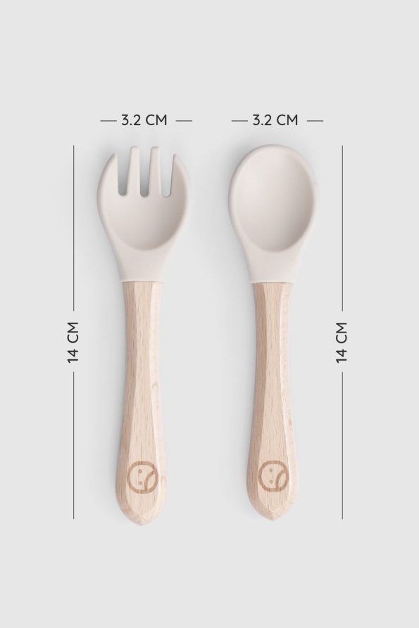 Bamboo Handle Beige Silicone Fork and Spoon Set