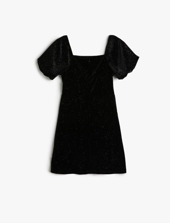 Girls' Velvet Dress with Balloon Sleeves and Square Neckline